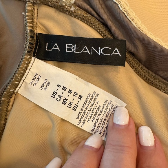 La Blanca Tan One Piece Swimsuit with Ruched Halter Design - Picture 3 of 5